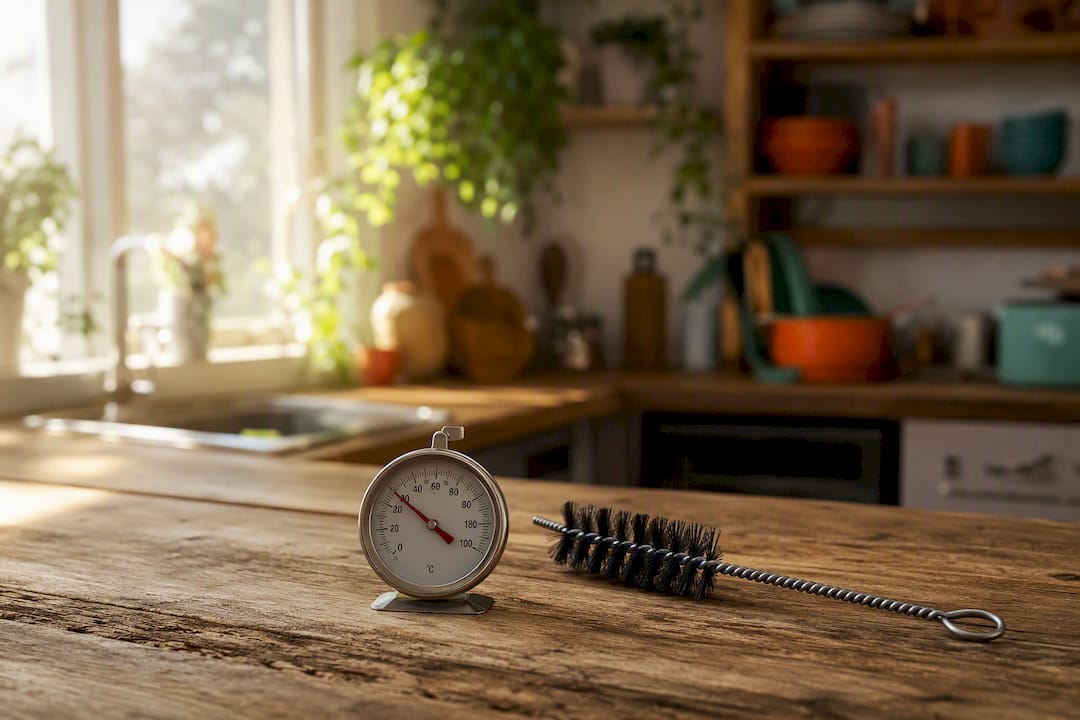Thermometer and coil brush for fridge maintenance