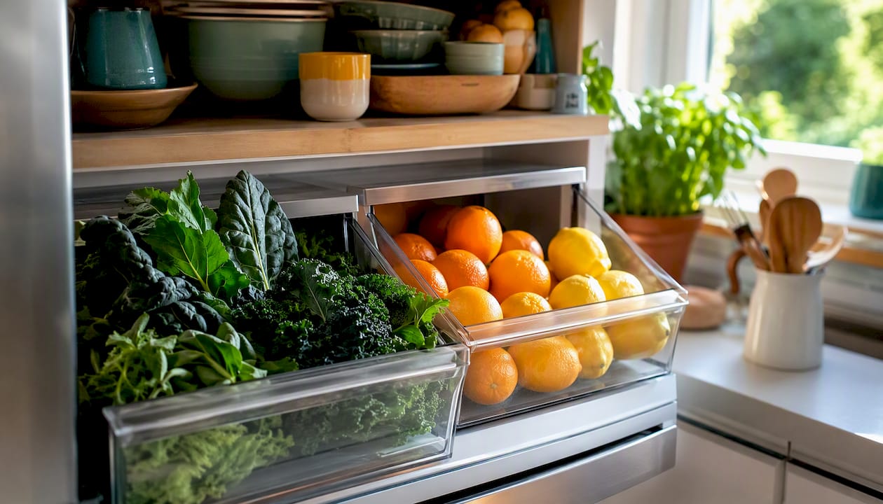 Two crisper drawers showing high and low humidity storage