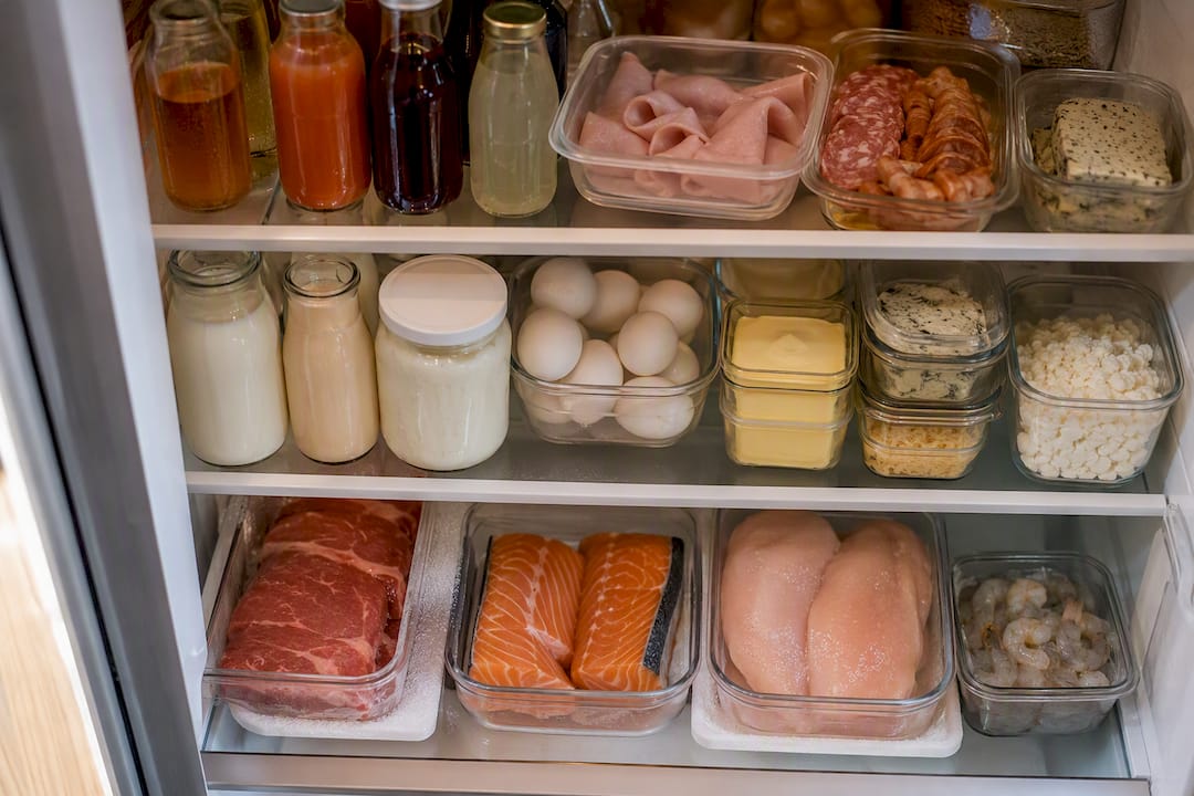 Organized fridge shelves with labeled food zones