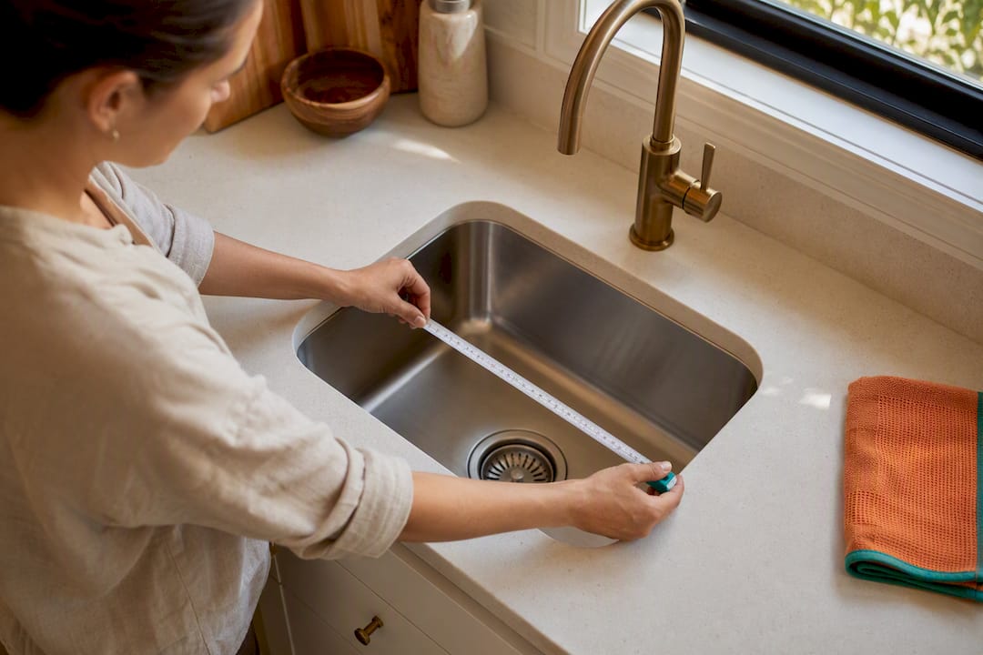 Hands measuring inside a kitchen sink
