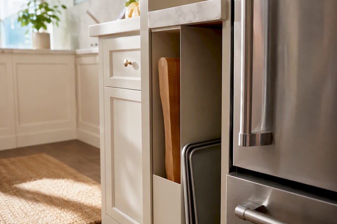 Cutting board stored in narrow kitchen slot