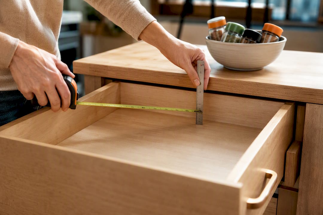 Hands measuring an empty spice drawer