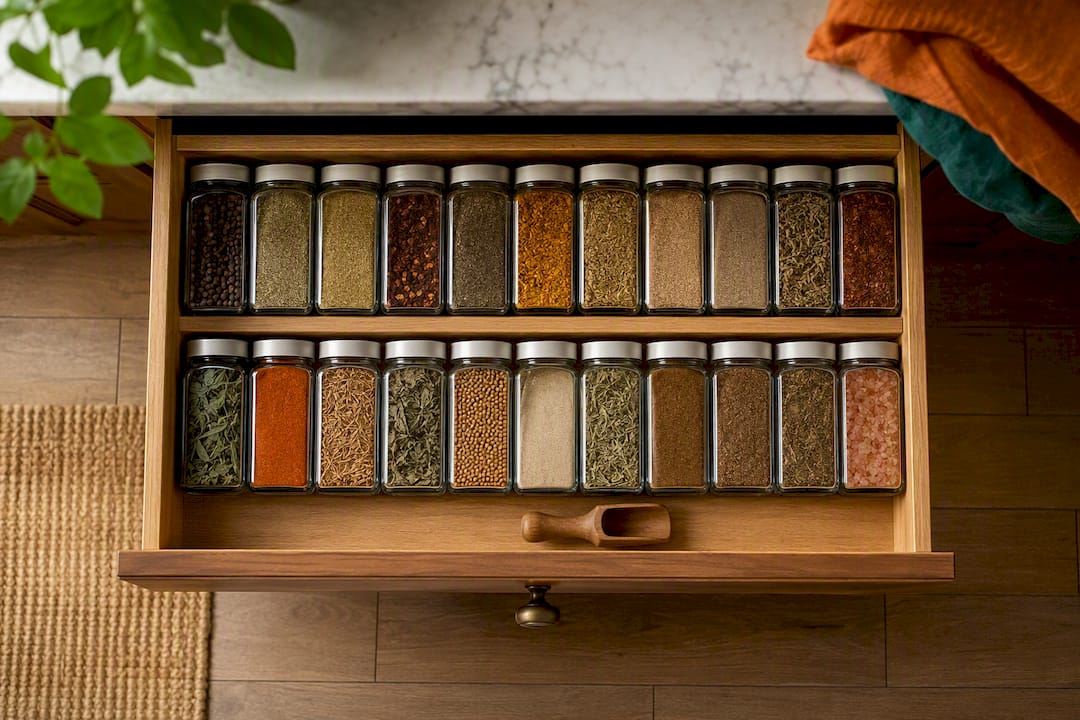 Square spice jars packed in a drawer