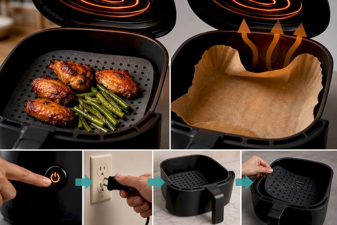 Safe and unsafe air fryer liner placement