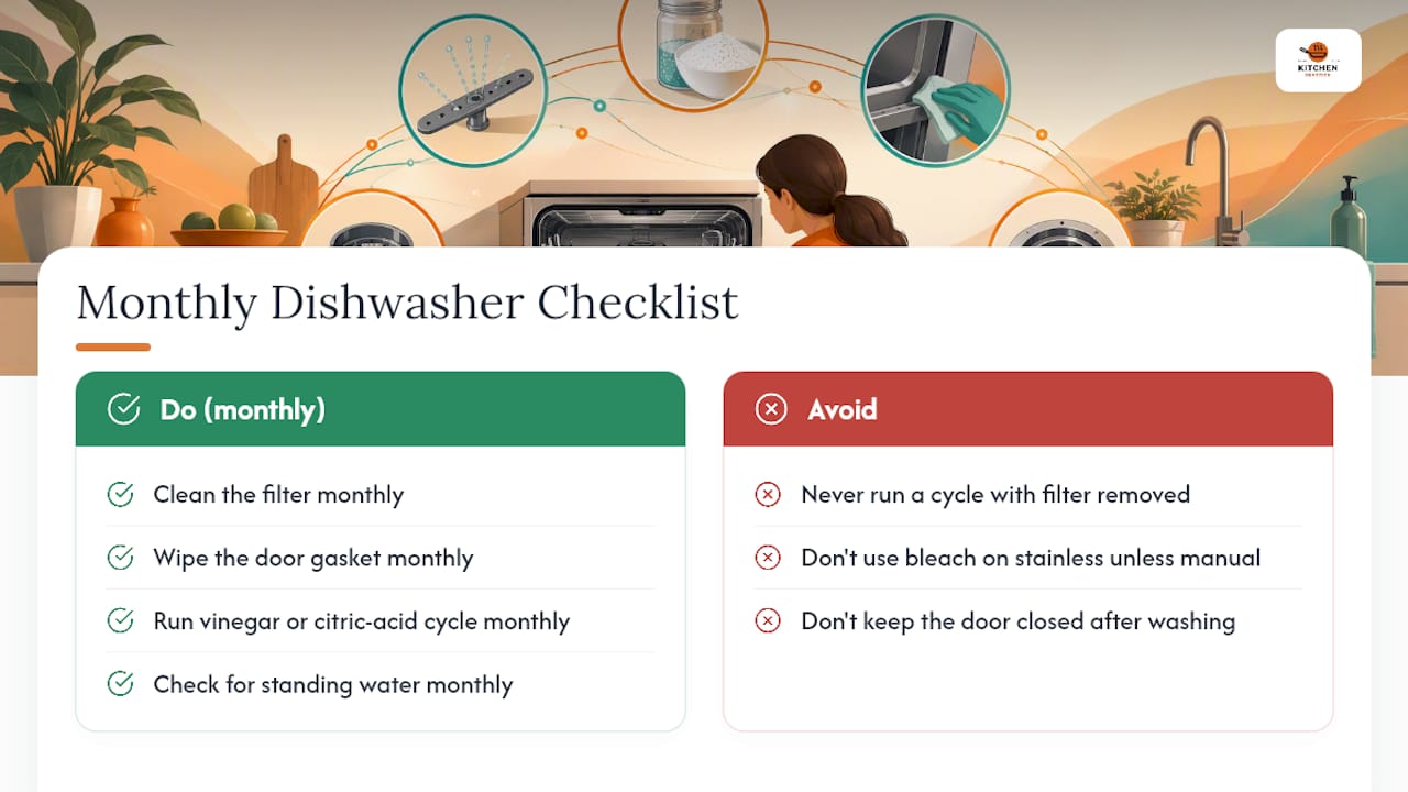 Five-item dishwasher maintenance checklist