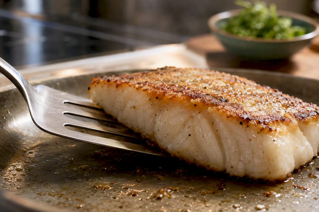 Fish spatula sliding beneath browned fish