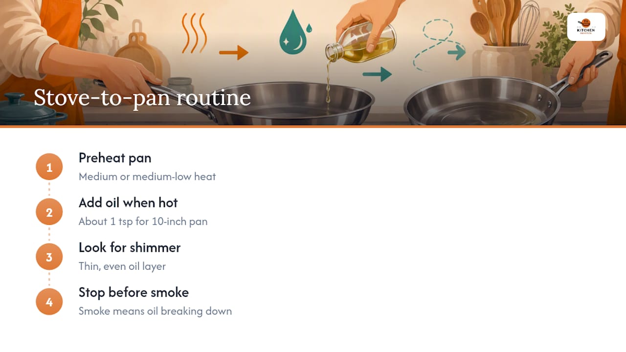 Four-step stainless pan heating routine