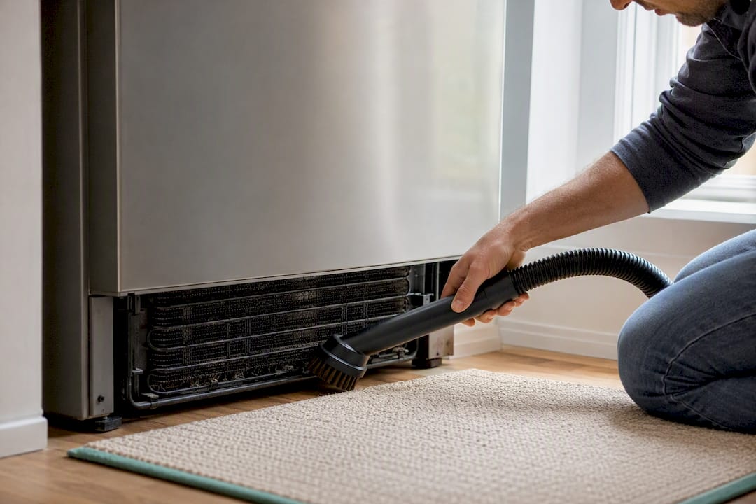 Homeowner vacuuming refrigerator condenser coils