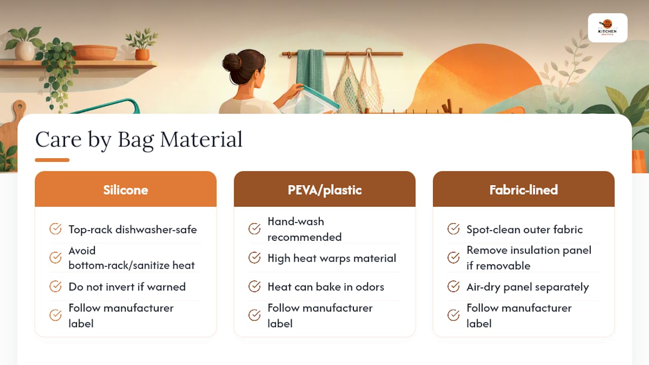 Comparison of reusable bag material care rules