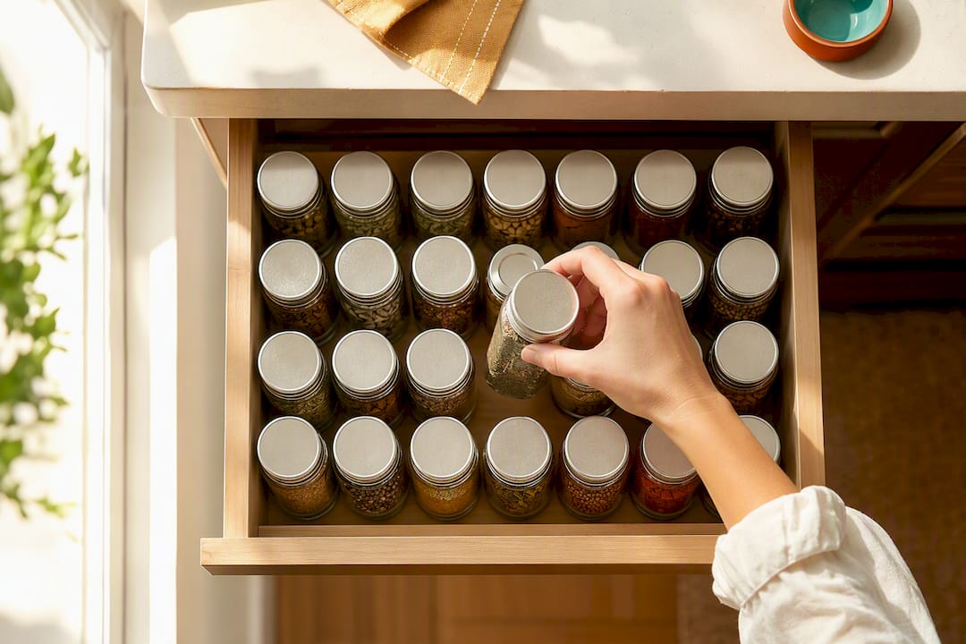 Uniform spice jars organized in a kitchen drawer