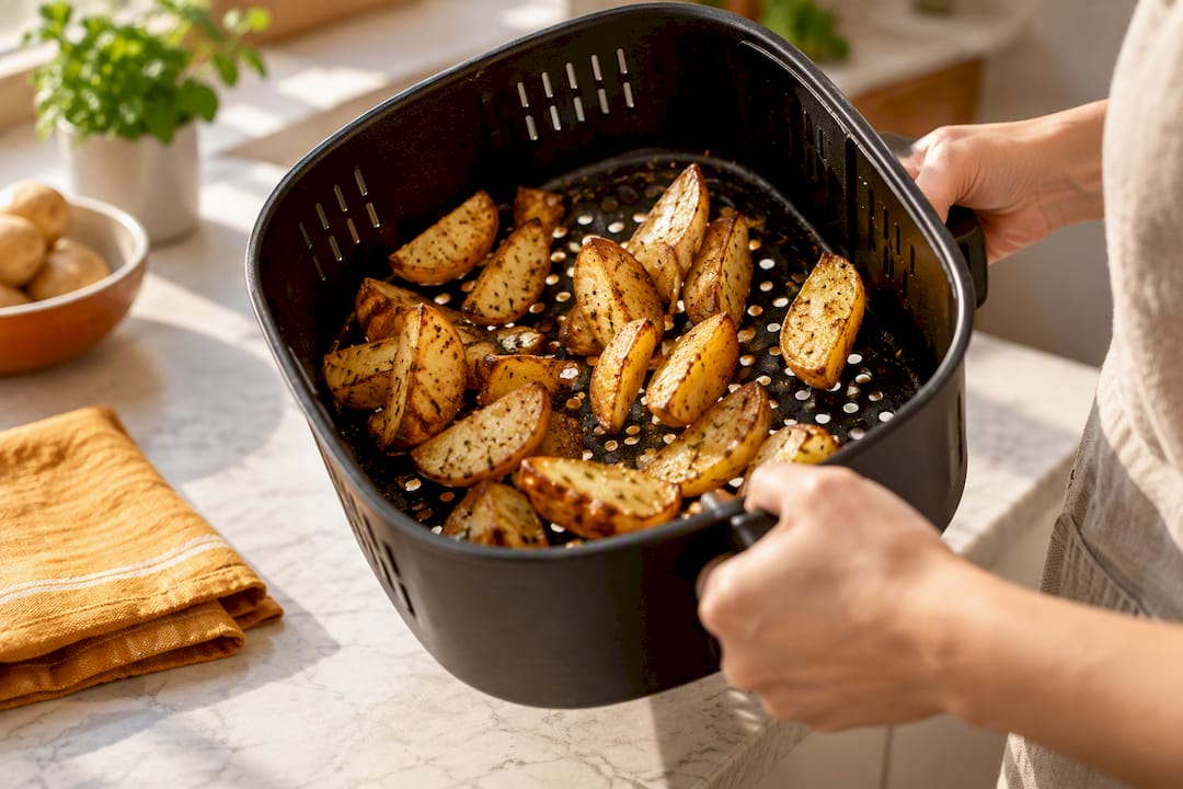Hands shaking food in perforated basket
