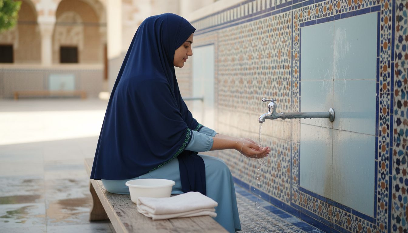 Master the Islamic Prayer Process with Step-by-Step Guidance Muslim woman performing ablution at mosque