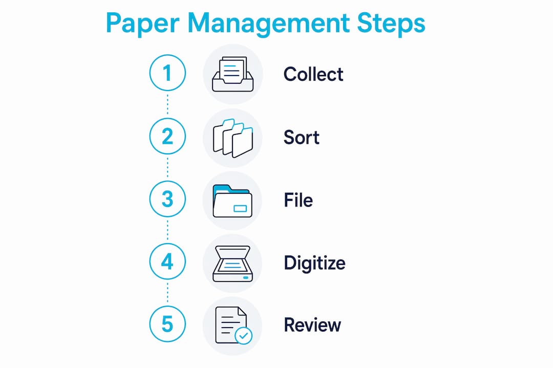 Reduce Paper Clutter in Your Home Workspace Fast Infographic showing paper management steps