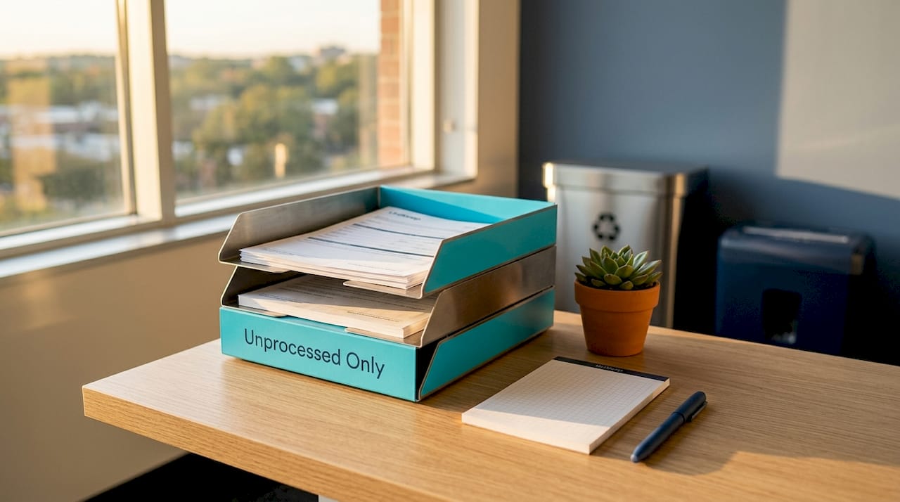 Reduce Paper Clutter in Your Home Workspace Fast Inbox tray labeled Unprocessed Only with papers
