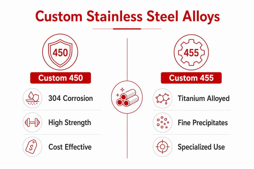 Infographic comparing Custom 450 and Custom 455 stainless steel alloys