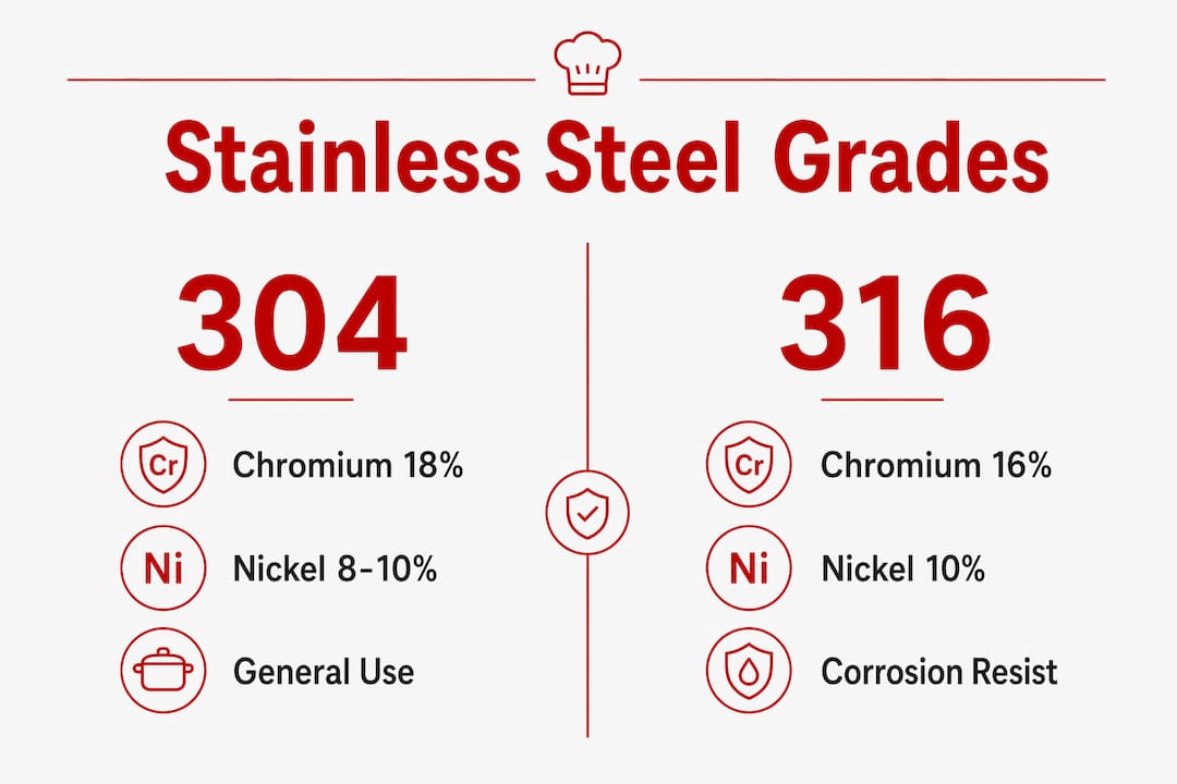 Infographic comparing 304 and 316 stainless steel grades