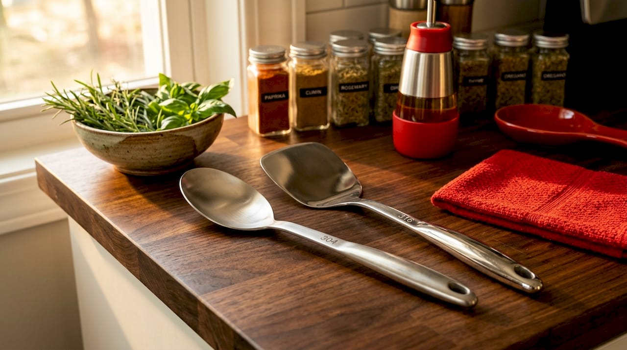 Close-up comparing 304 and 316 stainless steel utensils