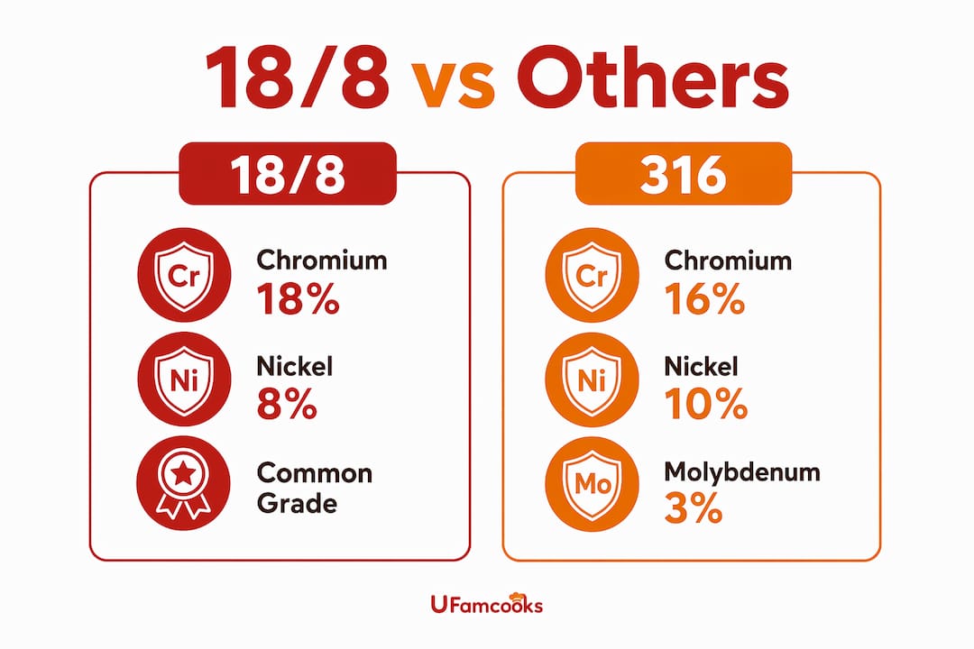 Infographic comparing stainless steel grades 18/8 and 316