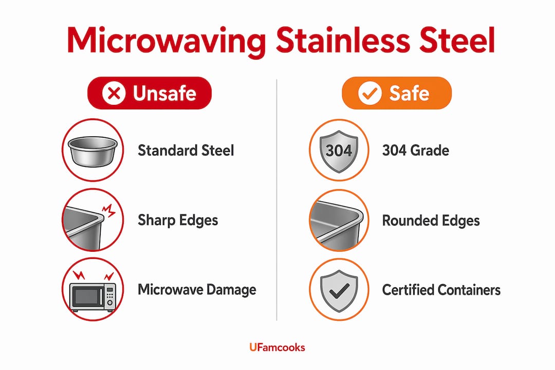 Infographic comparing unsafe and safe stainless steel in microwaves