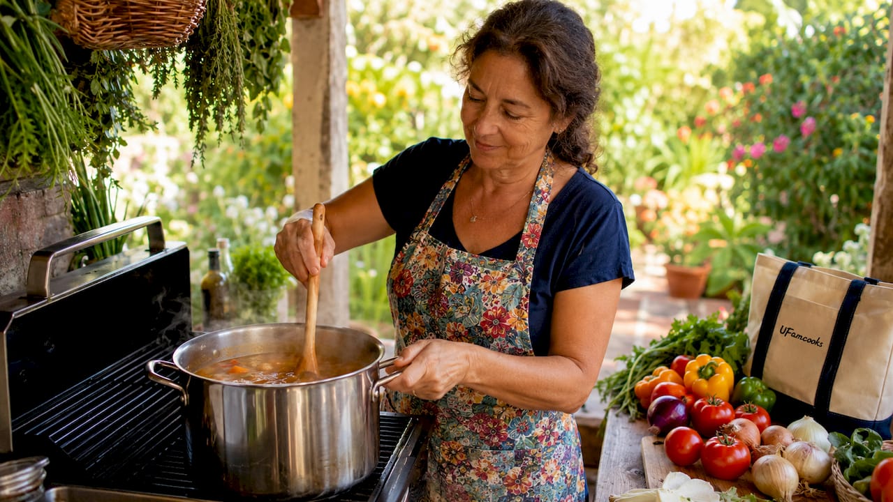 Home cook lifting stock pot on stove