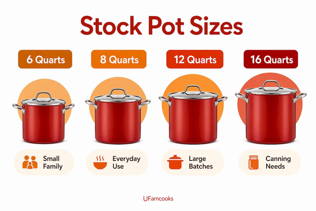 Infographic showing common stock pot sizes and uses