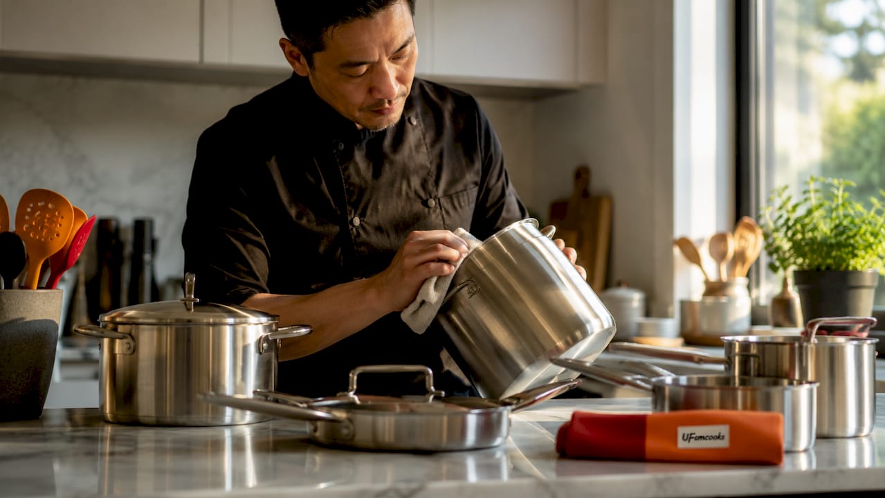 Brushed satin stainless steel pan with cloth wiping