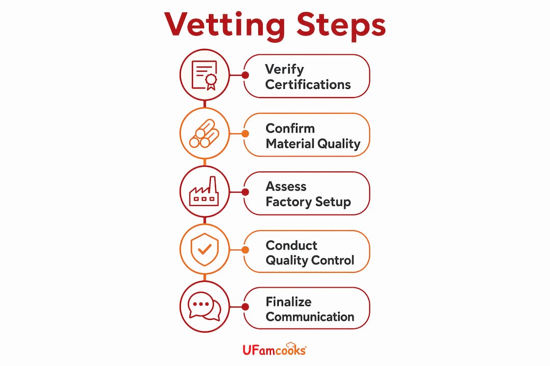 Infographic showing vetting steps for cookware manufacturers