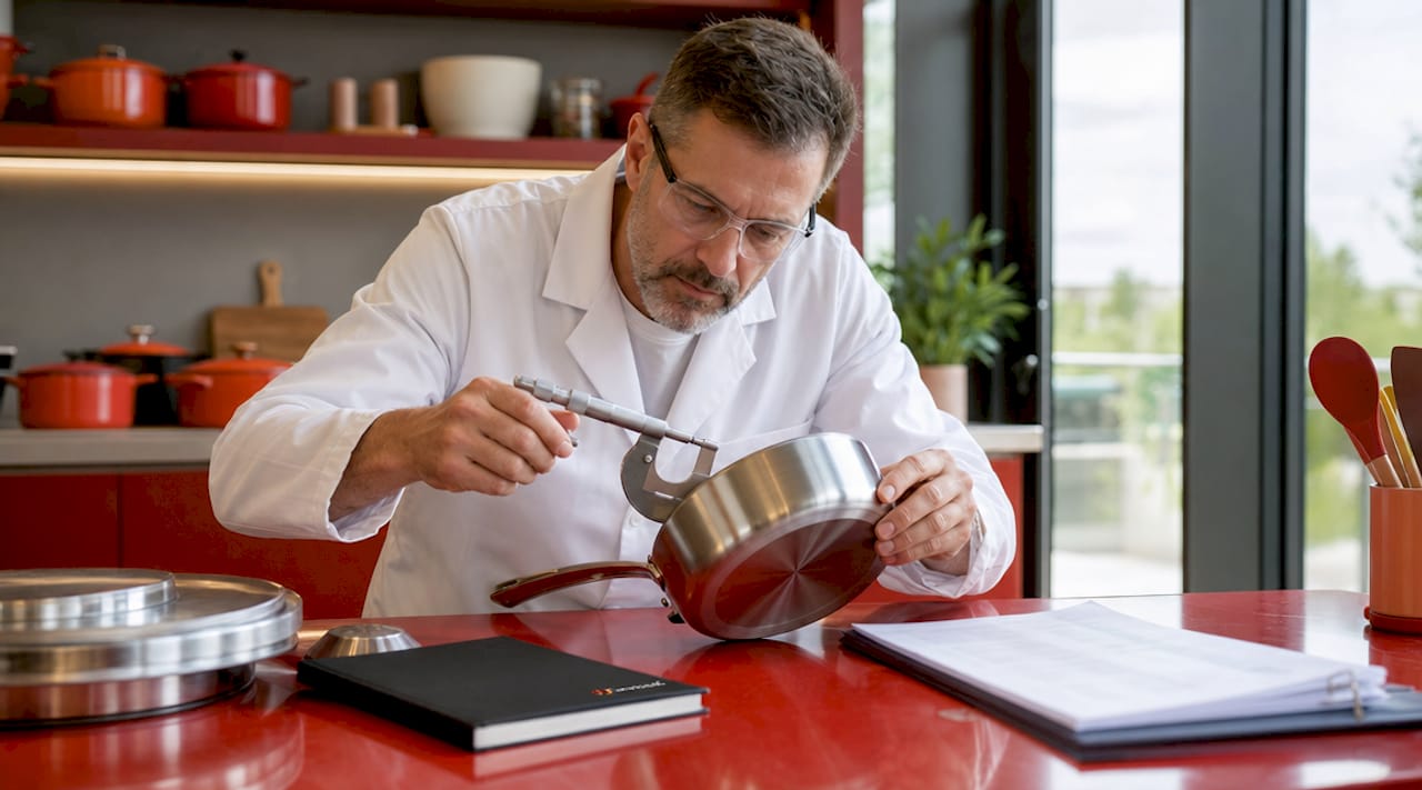 Technician inspecting cookware quality