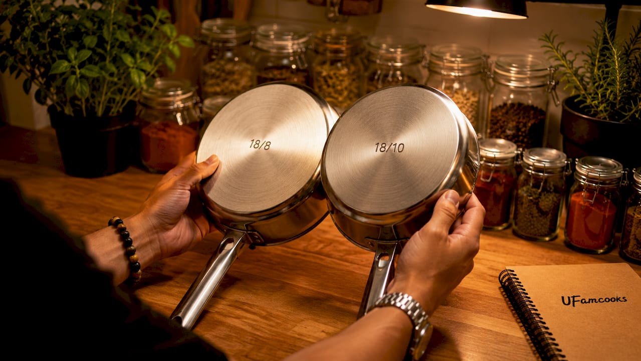 Hands comparing stainless steel alloy ratios on cookware