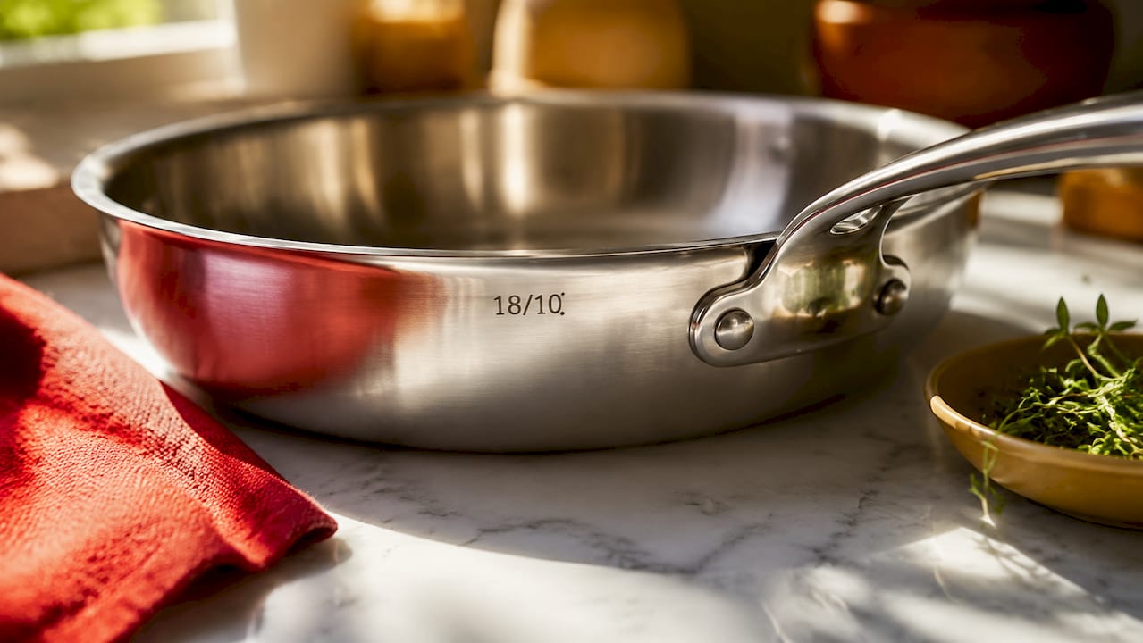 Close-up of 304 stainless steel skillet on stovetop