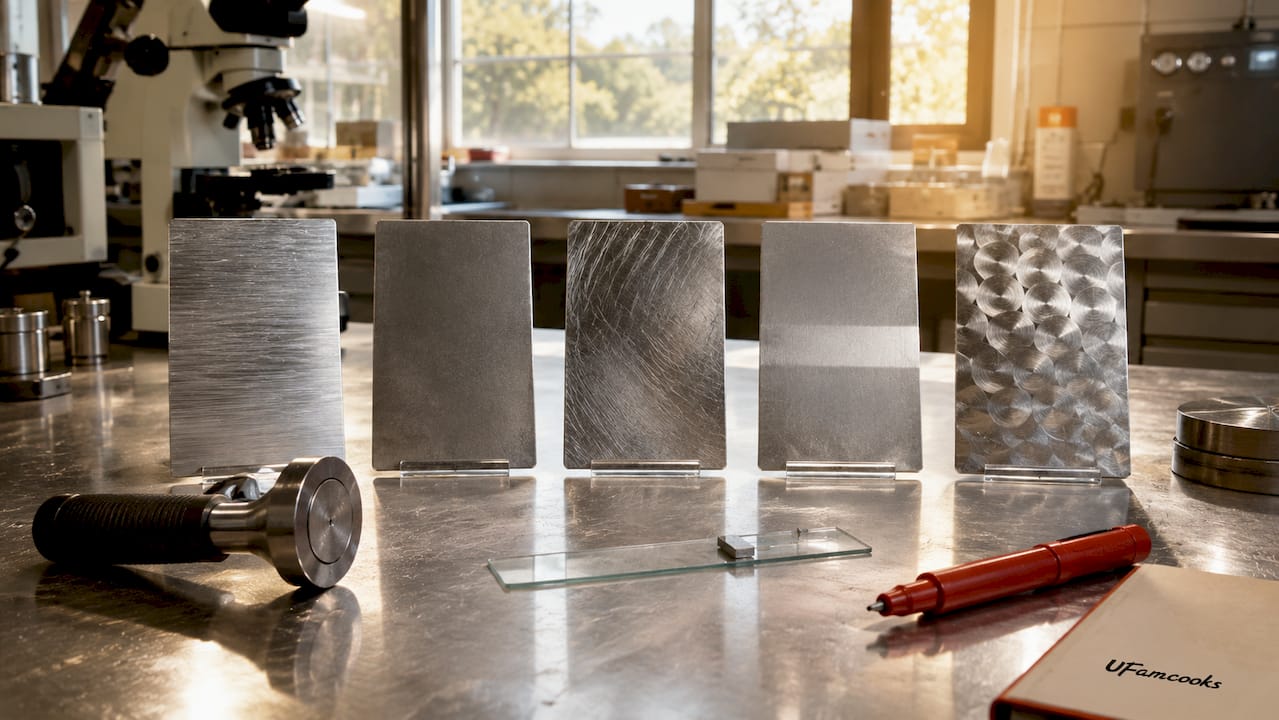 Close-up of stainless steel sample plates categorized by microstructure