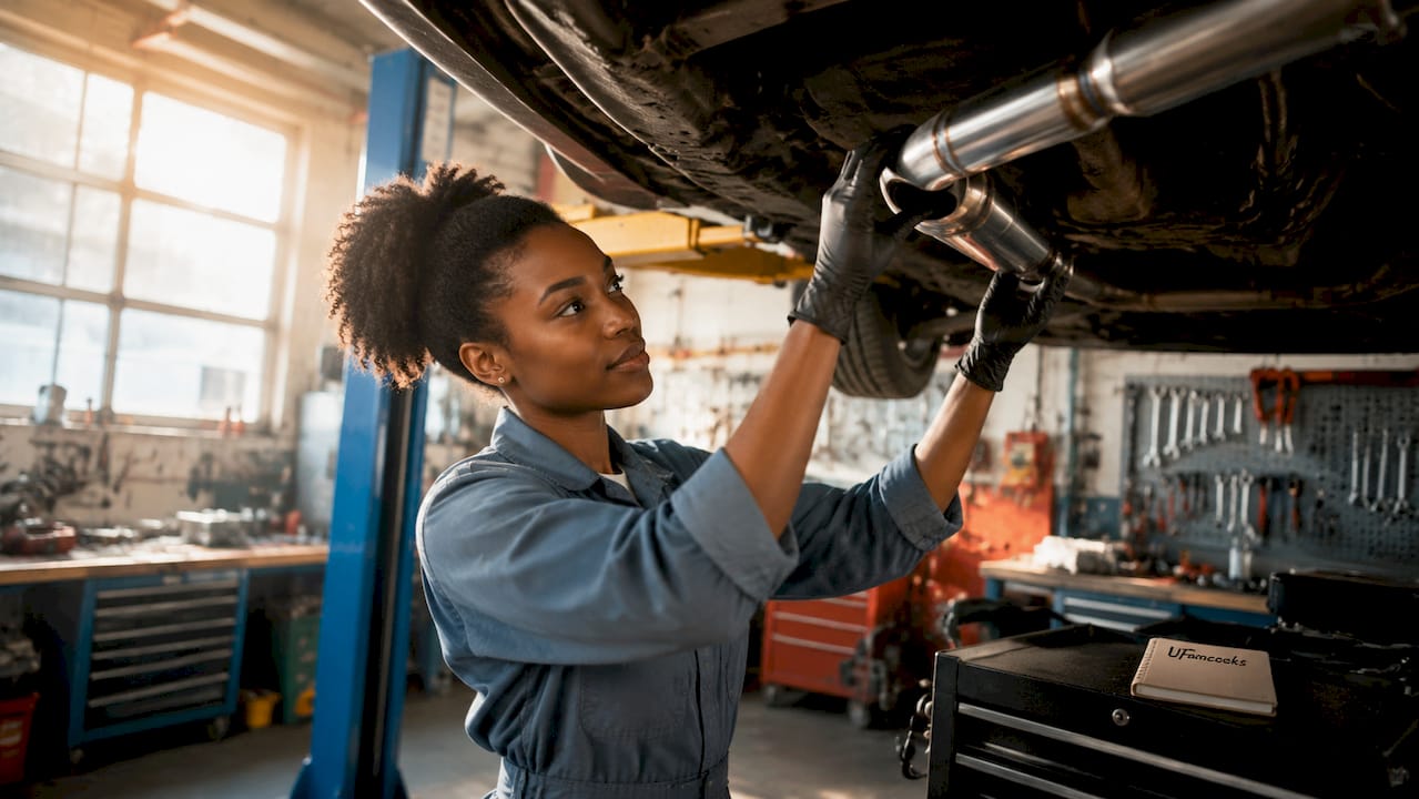 Mechanic examining custom stainless steel exhaust pipe