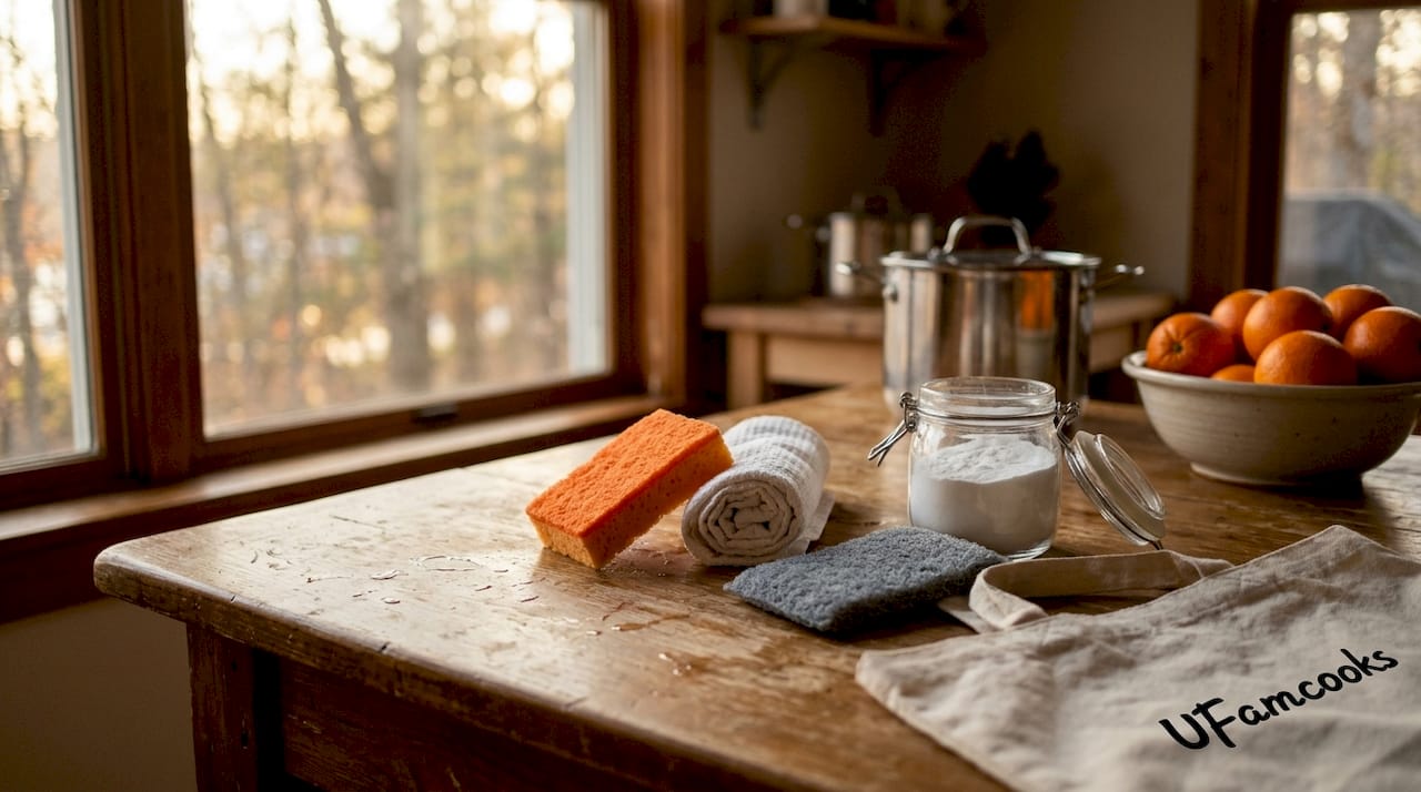 Cleaning tools for stainless steel pots on countertop