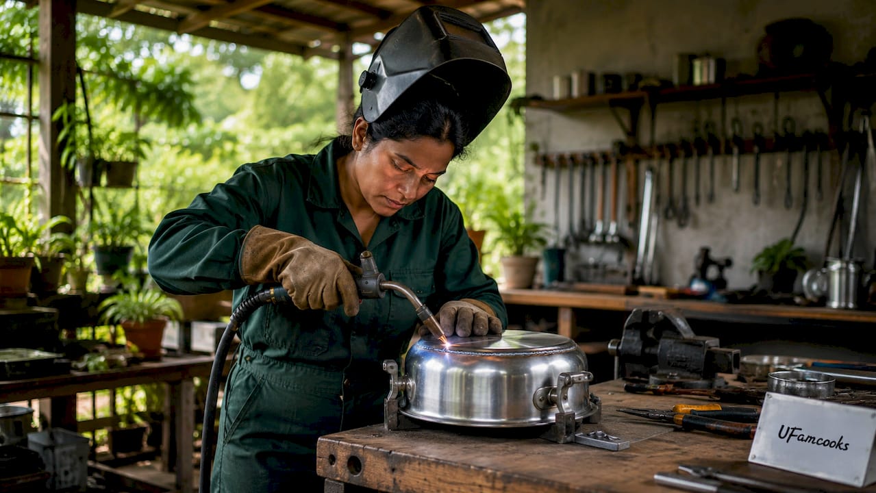 Welder performing TIG welding on cookware joint