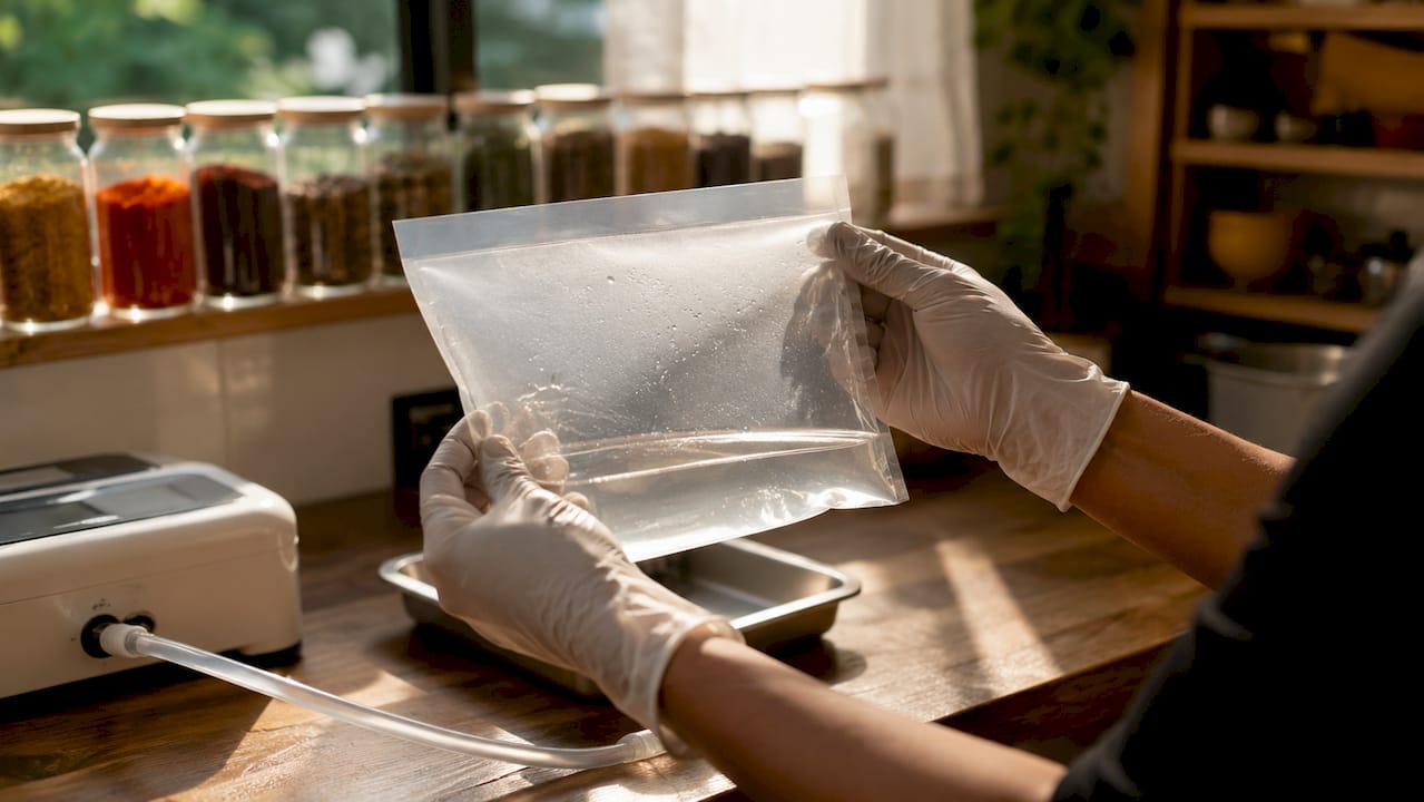 Hands inspecting sealed pouch leak test
