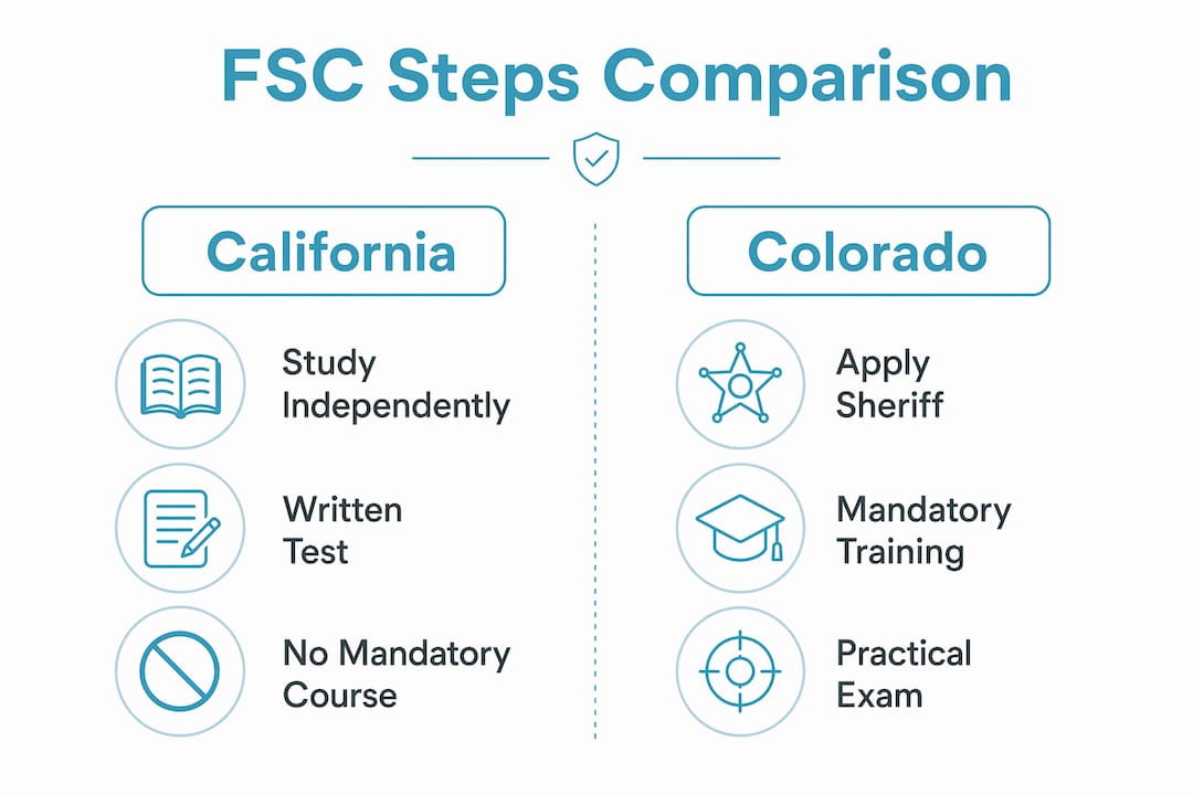 Infographic comparing California and Colorado firearm safety steps