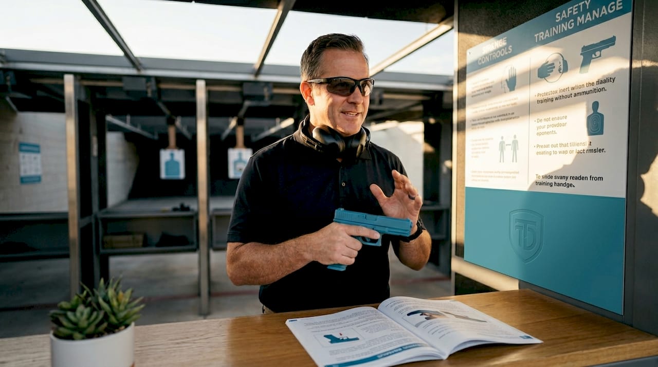 Instructor demonstrating firearm safety at training range