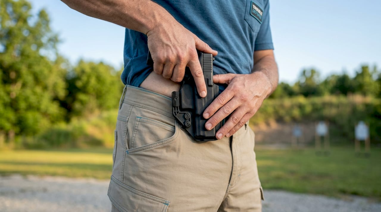 Hands holstering firearm safely in worn holster