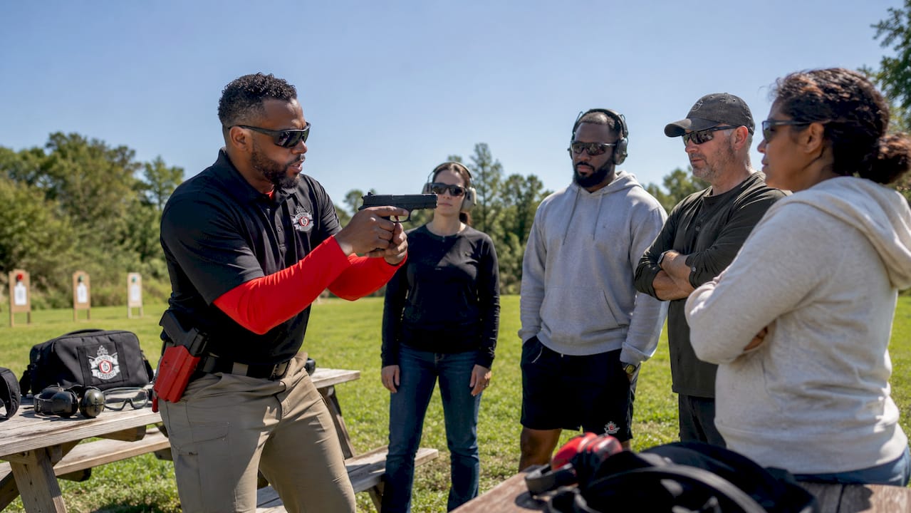 Instructor demonstrating pistol handling at indoor range