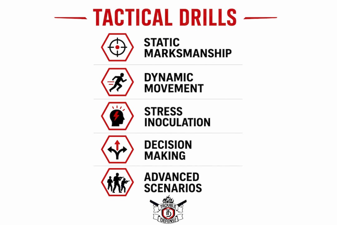 Infographic showing tactical shooting drills progression steps