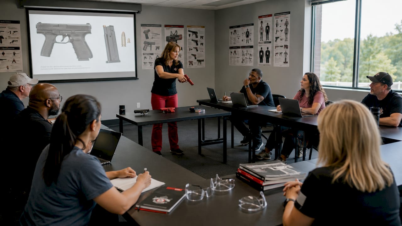 Classroom firearm safety training demonstration