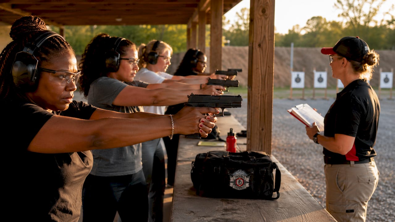 Women practicing firearm grip and stance at shooting range