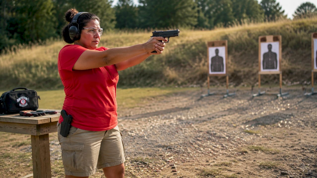Woman aiming handgun at outdoor shooting range