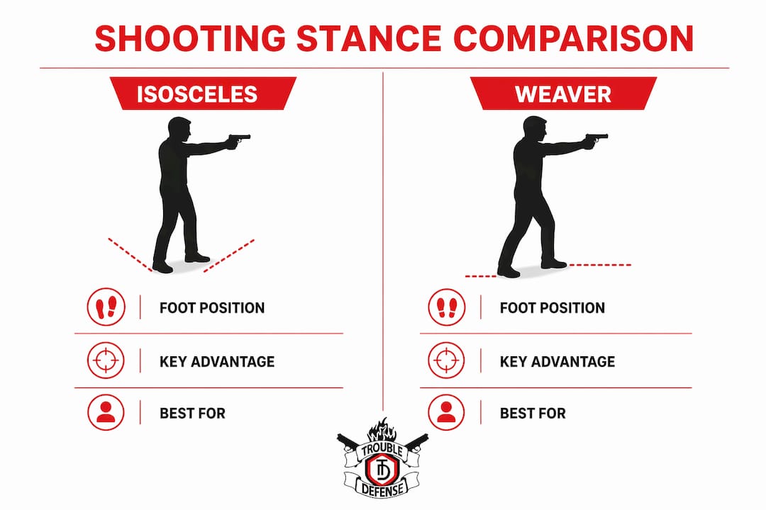 Infographic comparing Isosceles and Weaver shooting stances