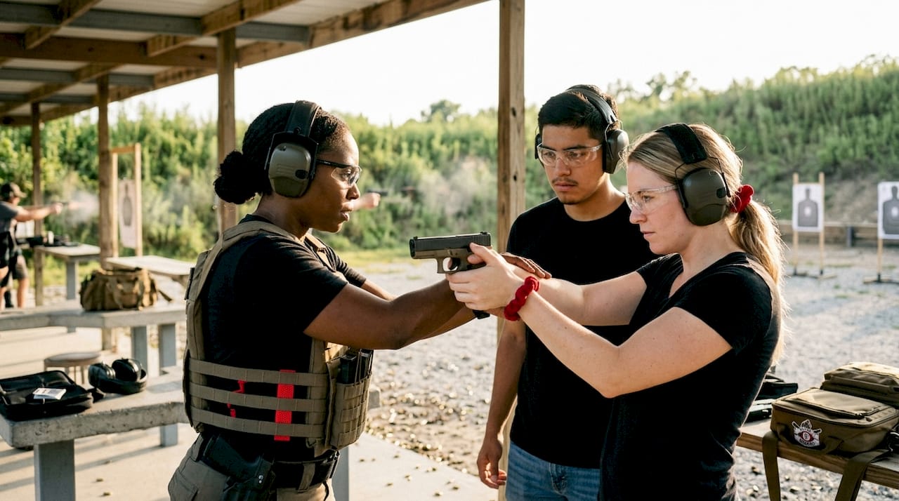 Instructor teaching firearm safety and grip on shooting range
