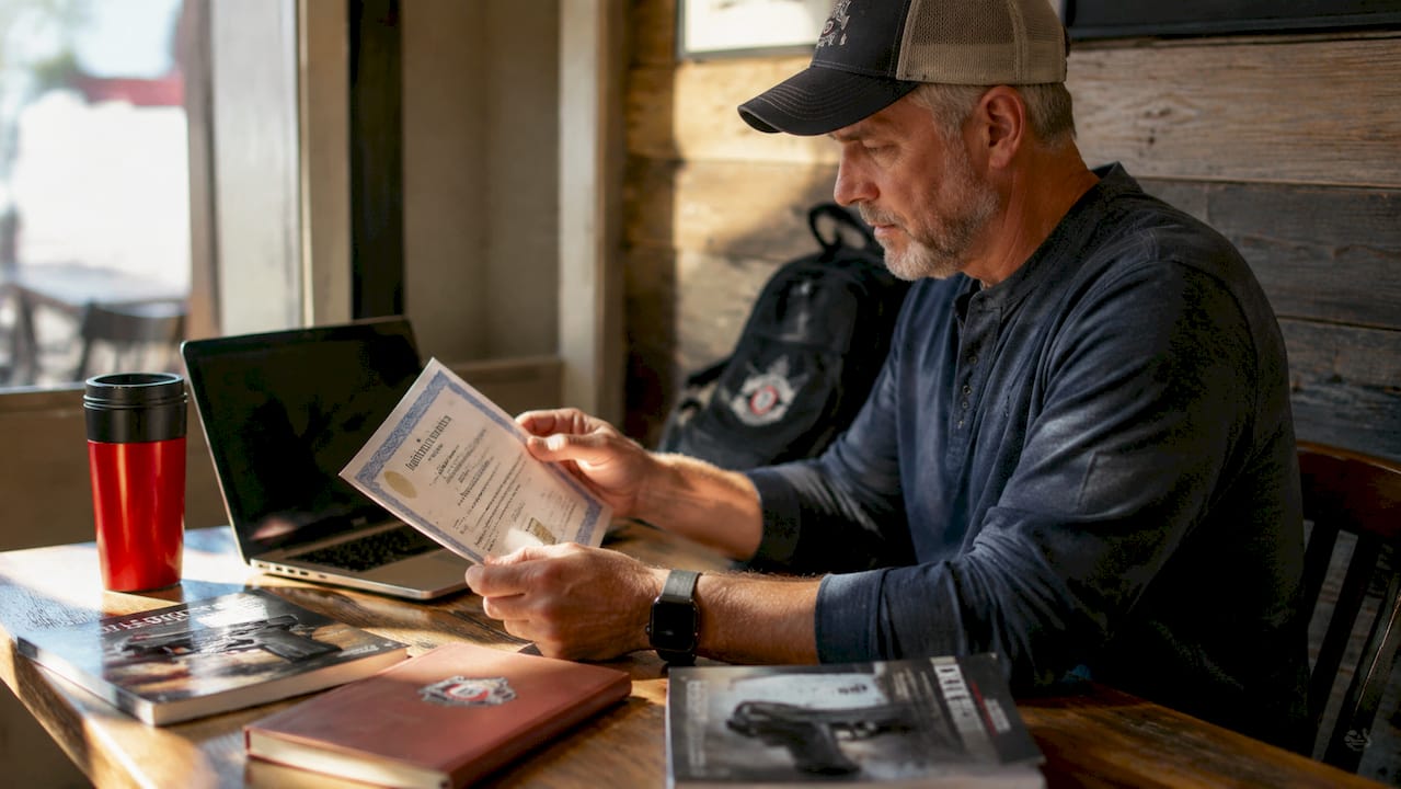 Person reviewing firearm safety certificate at desk