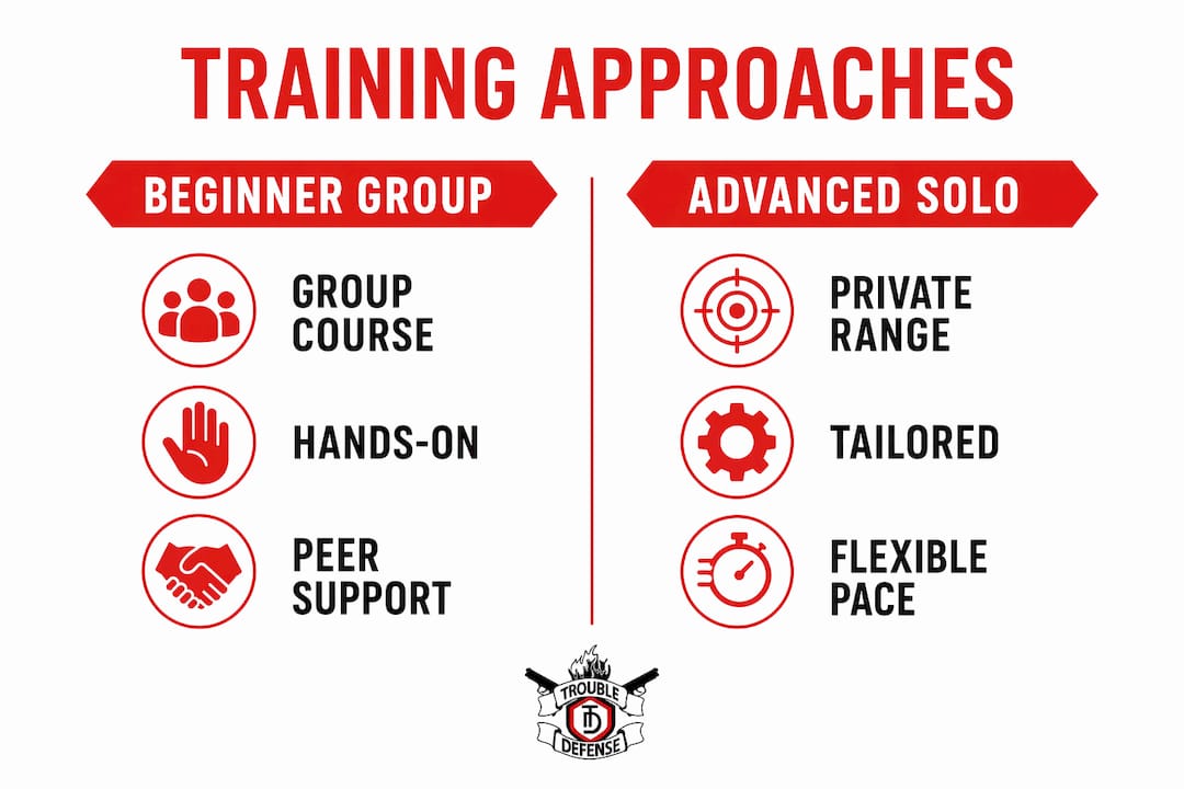 Infographic comparing beginner group and advanced solo training