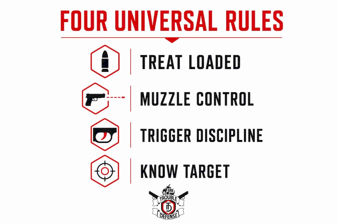 Infographic illustrating four universal gun safety rules