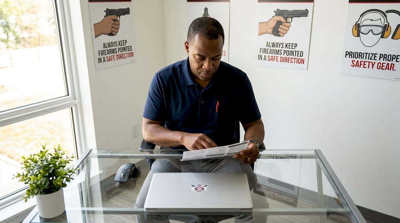Man reviewing firearm safety training brochure