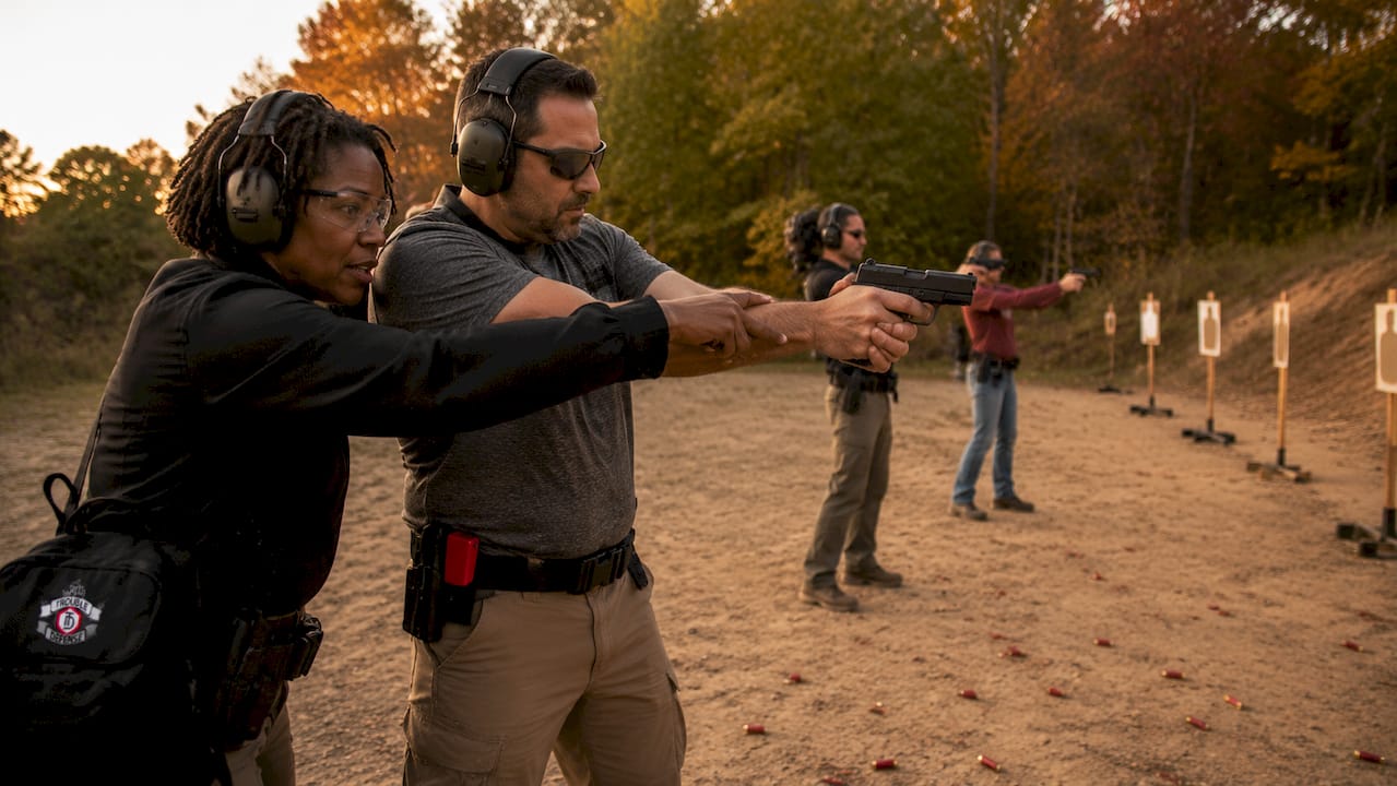 Instructor teaching pistol stance to trainee at range